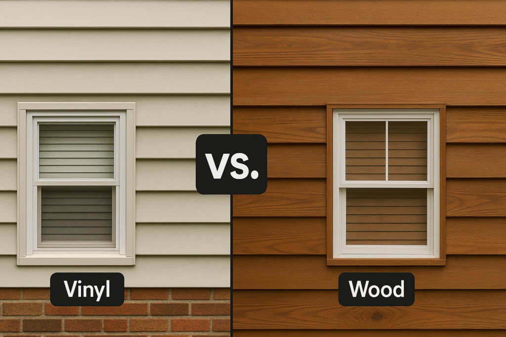 A side-by-side comparison of vinyl siding (left) and wood siding (right) on a residential house, each featuring distinct textures, finishes, and window frames to highlight material differences.