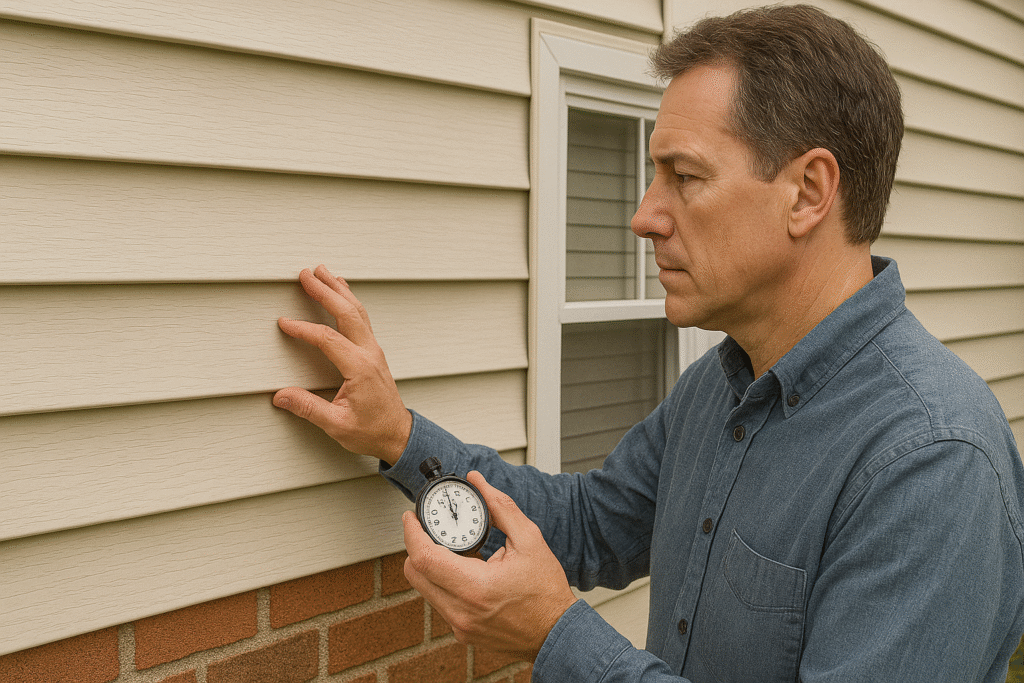 A focused man inspects his home’s vinyl siding with one hand while holding a stopwatch in the other, suggesting he's assessing its condition and lifespan.